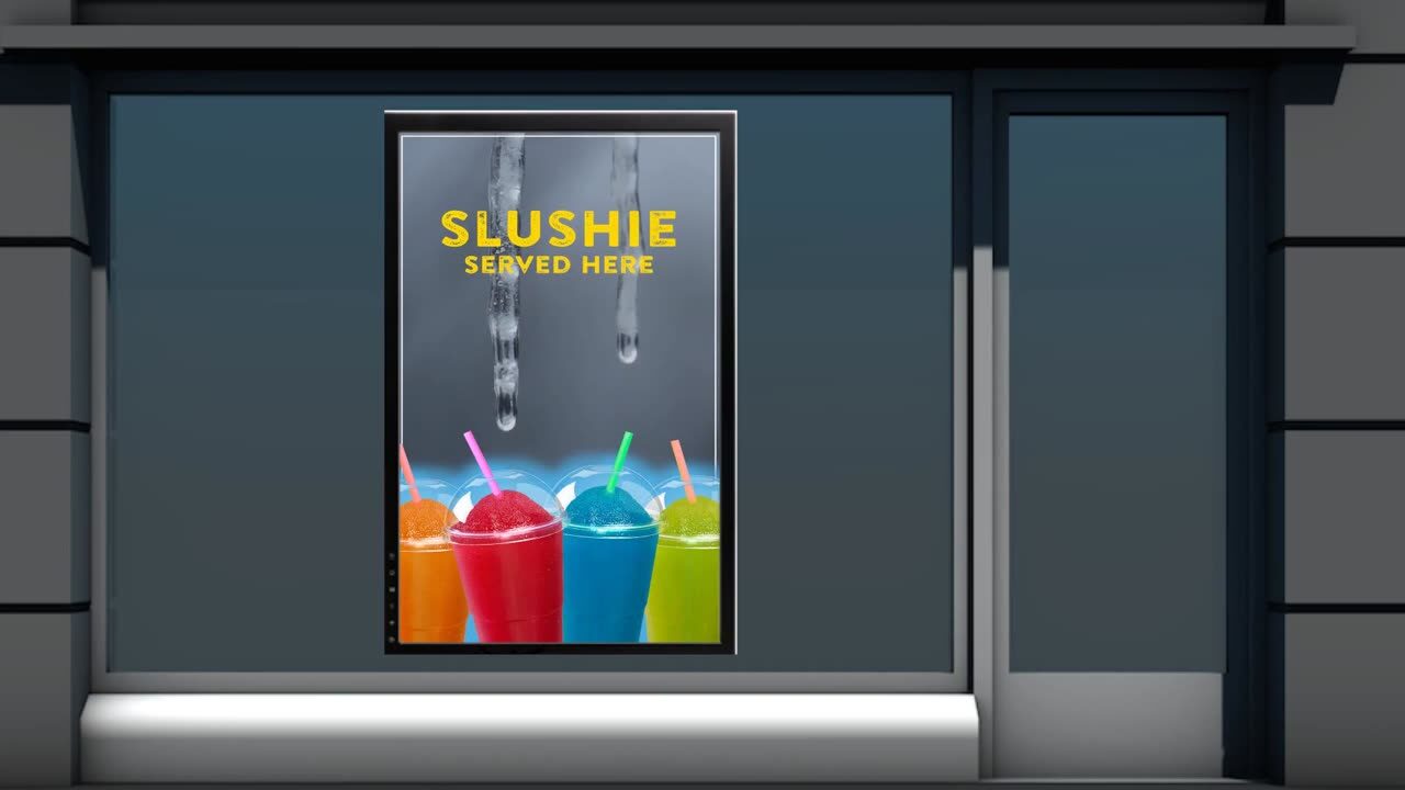 Portrait window display screen advertising slushies in a shop front