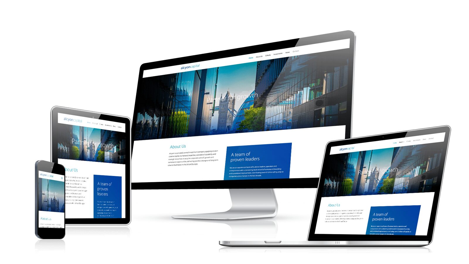 A responsive website shown on a desktop, laptop, tablet and phone