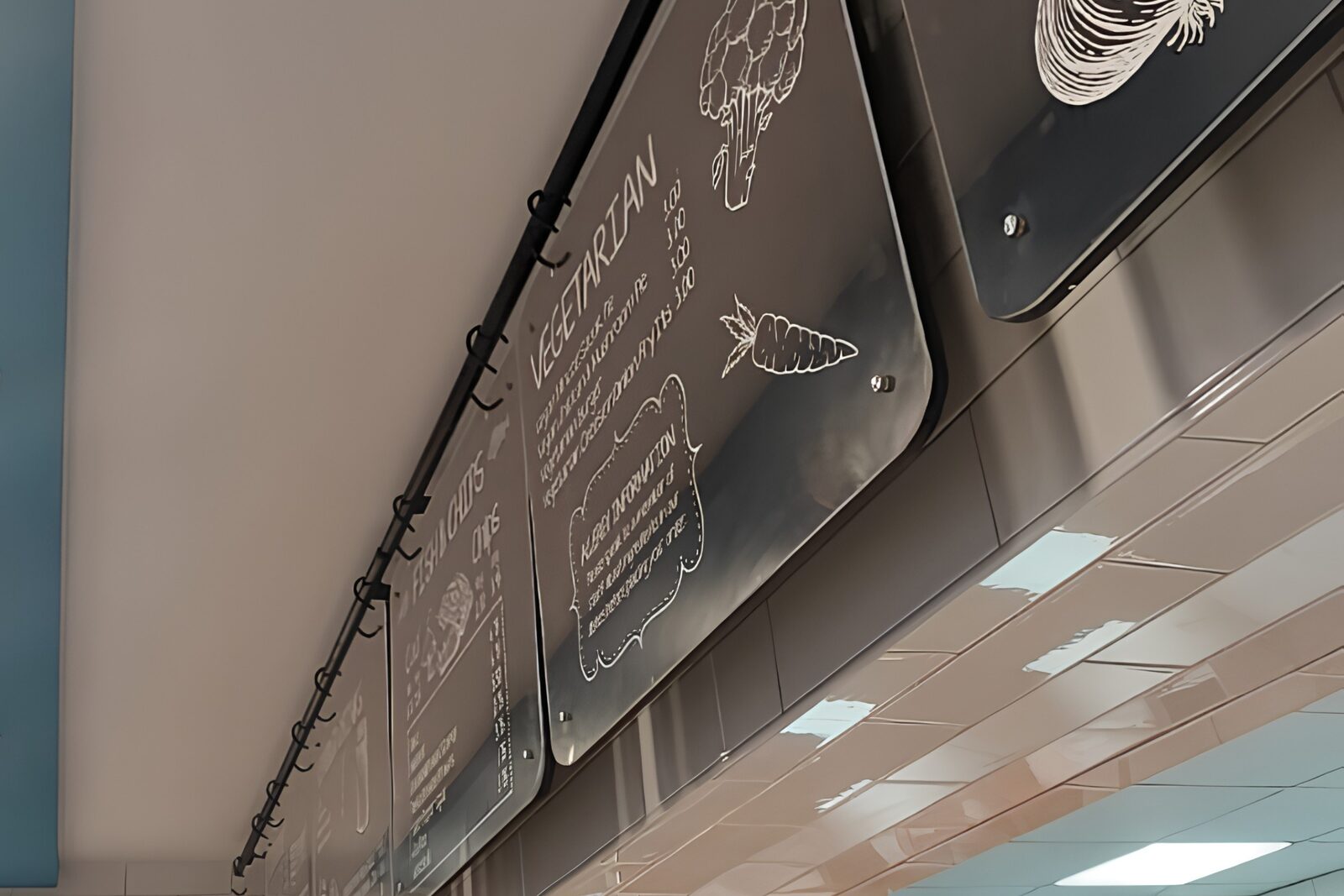 Close-up of hanging menu panels suspended from hooks on a butcher bar rail