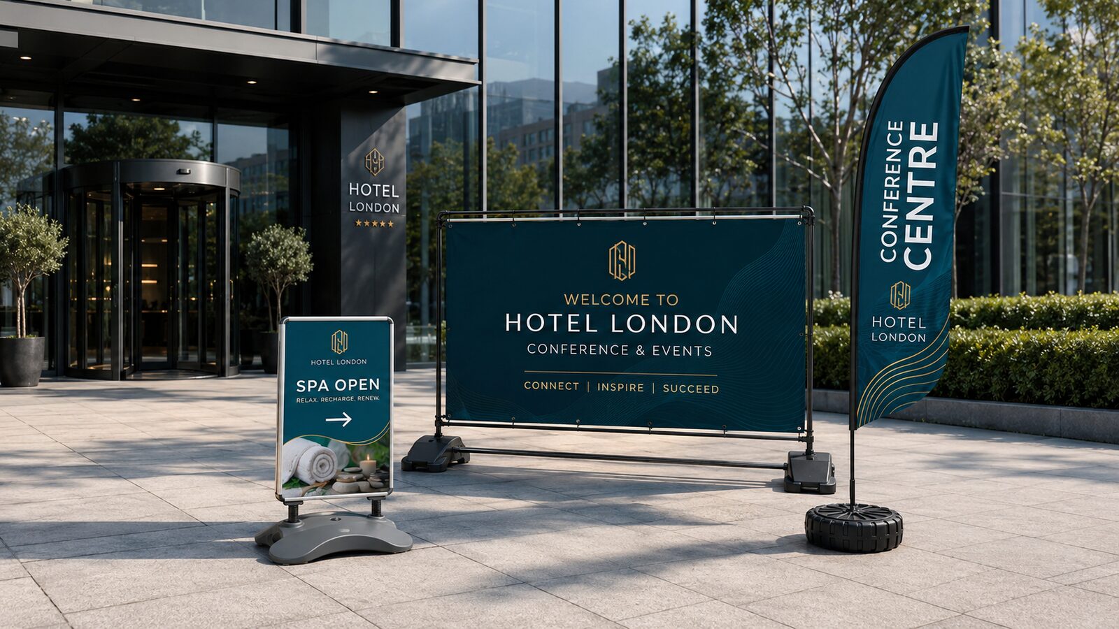Hotel event display pack with a printed banner and stands