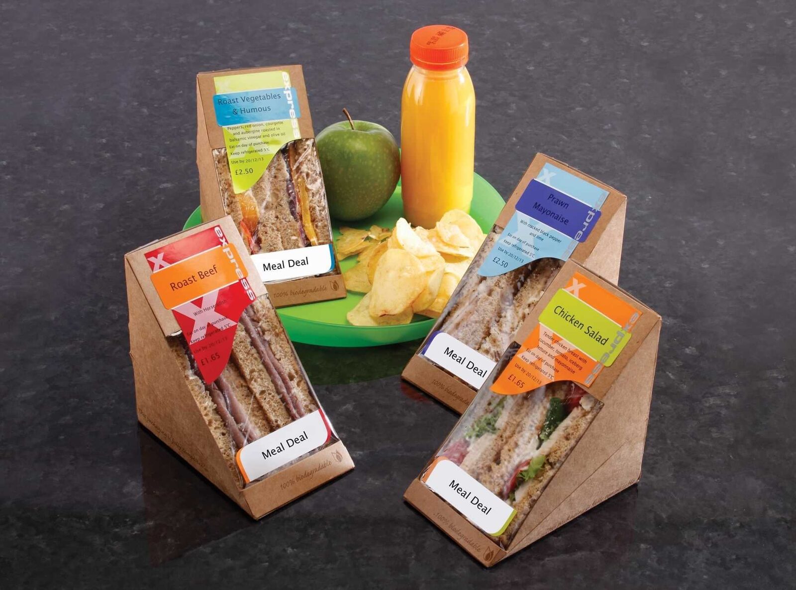 Printed food labels on sandwich and salad packaging