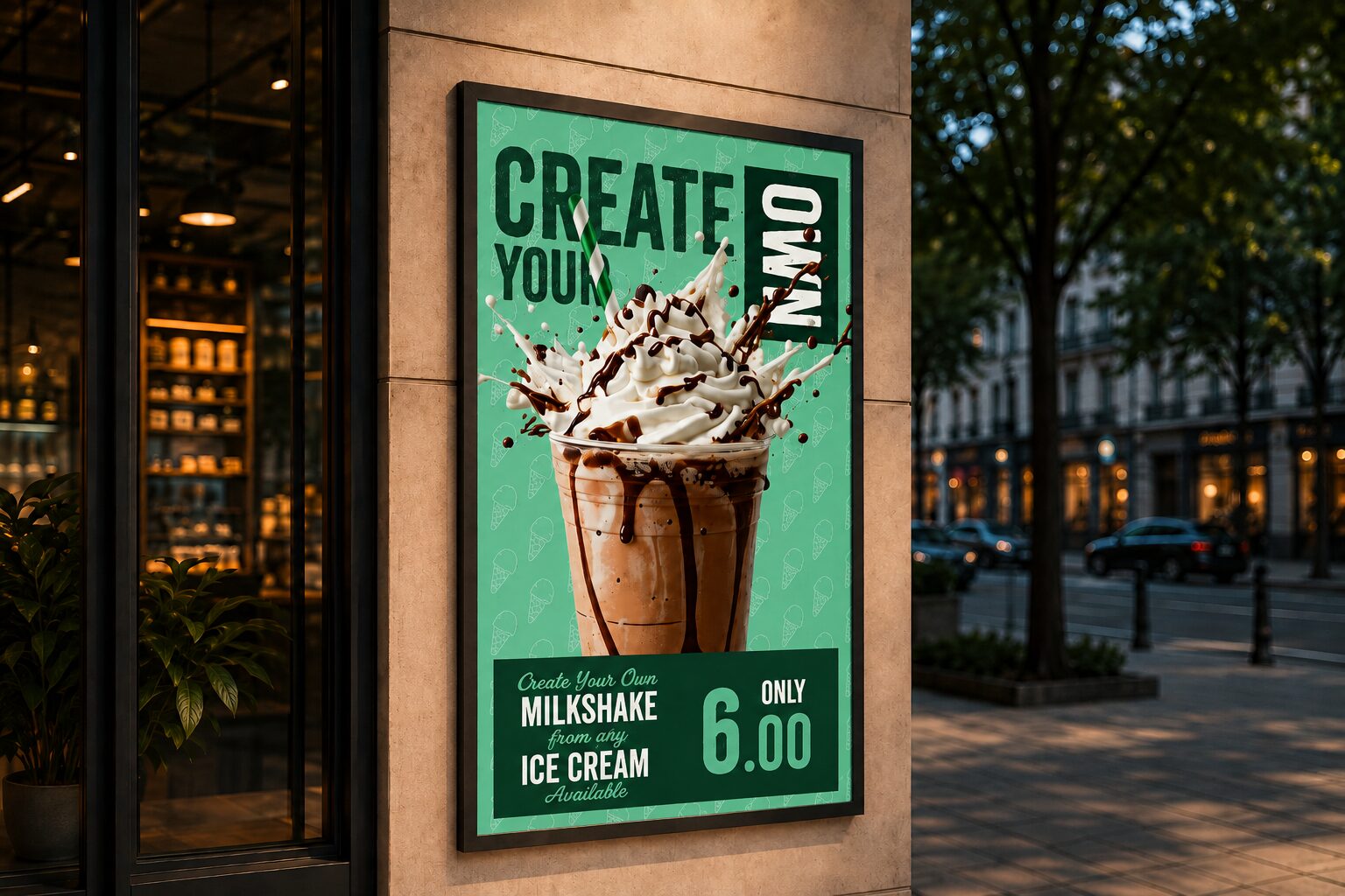 Large format milkshake poster in an illuminated street display
