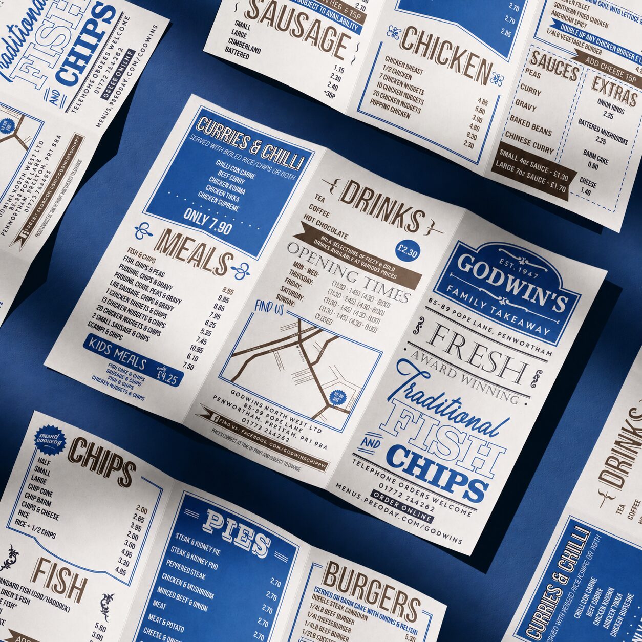 Printed takeaway menus and leaflets fanned out
