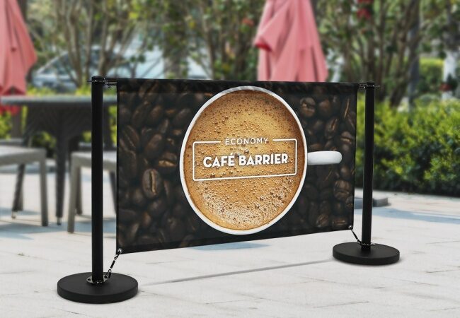 Printed café barrier banner with a coffee bean design