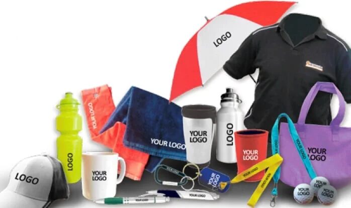 Branded mugs, umbrellas, pens and water bottles
