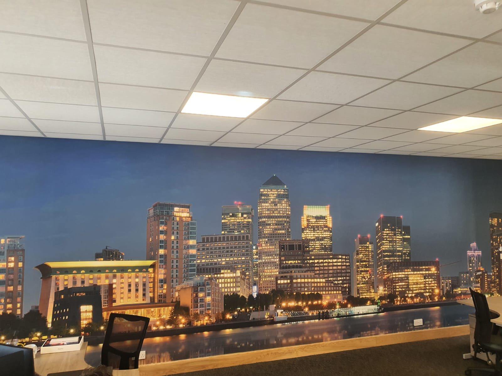City skyline wall mural printed for an office