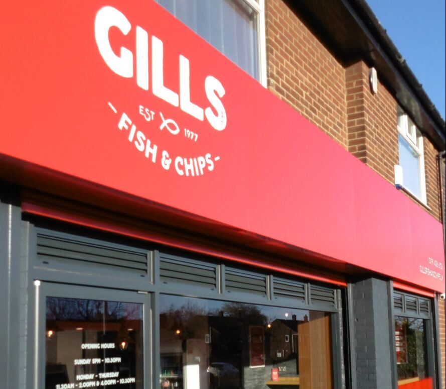 Gills Fish & Chips illuminated red fascia sign